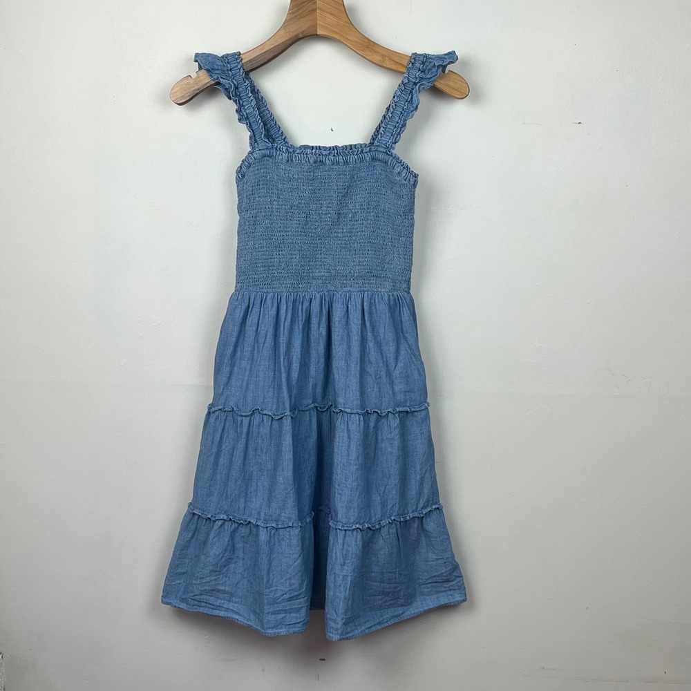 J.Crew Tiered Smocked Chambray Mini Dress XXS Blue Cottagecore Coquette